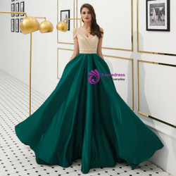 Shop 2019 Long & Short Green Satin V-neck Cold Shoulder Backless Long Prom Dress With Beading With Factory Price From Kemedress