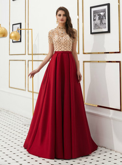 Shop 2019 Long & Short A-Line Burgundy Satin High Neck Cap Sleeve Prom Dress With Beading With Factory Price From Kemedress