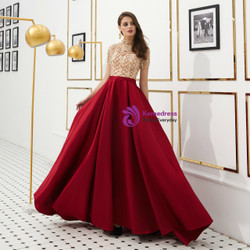 Shop 2019 Long & Short A-Line Burgundy Satin High Neck Cap Sleeve Prom Dress With Beading With Factory Price From Kemedress