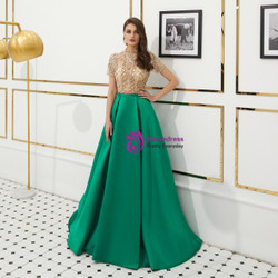 Shop 2019 Long & Short A-Line Green Satin High Neck Cap Sleeve Prom Dress With Beading With Factory Price From Kemedress