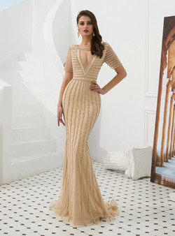 Shop 2019 Long & Short Champagne Mermaid Tulle Short Sleeve Long Prom Dress With Beading With Factory Price From Kemedress