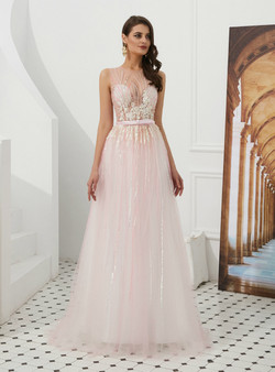 Shop 2019 Long & Short Pink Tulle See Through Top Sequins Long Prom Dress With Bow With Factory Price From Kemedress