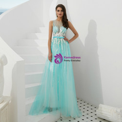 Shop 2019 Long & Short Blue Tulle See Through Top Sequins Long Prom Dress With Bow With Factory Price From Kemedress