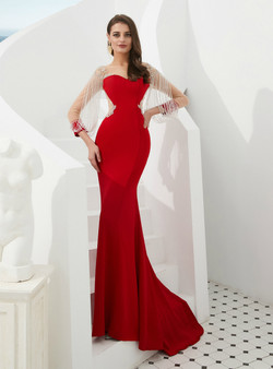 Shop 2019 Long & Short Red Mermaid Satin Long Sleeve Bateau See Through Back Prom Dress With Beading With Factory Price From Kemedress Shop 2019 Long & Short Red Mermaid Satin Long Sleeve Bateau See Through Back Prom Dress With Beading With Factory Price From Kemedress
