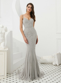 Shop 2019 Long & Short Silver Gray Mermaid Tulle Spaghetti Straps Long Prom Dress With Beading With Factory Price From Kemedress