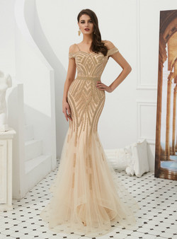 Shop 2019 Long & Short Champagne Mermaid Tulle Spaghetti Straps Prom Dress With Beading  With Factory Price From Kemedress Shop 2019 Long & Short Champagne Mermaid Tulle Spaghetti Straps Prom Dress With Beading  With Factory Price From Kemedress