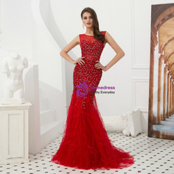 Shop 2019 Long & Short Red Mermaid Tulle Sleeveless Prom Dress With Beading Feather With Factory Price From Kemedress