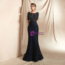 Shop 2019 Long & Short Blue Lace Mermaid See Through Short Sleeve Long Prom Dress With Factory Price From Kemedress