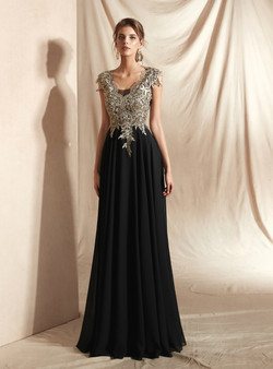 Shop 2019 Long & Short A-Line Black Chiffon Appliques Scoop Neck Long Prom Dress With Factory Price From Kemedress