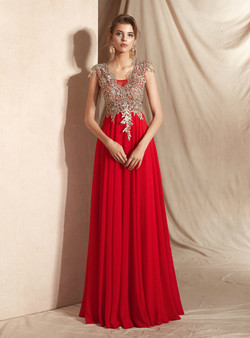 Shop 2019 Long & Short A-Line Red Chiffon Appliques Scoop Neck Long Prom Dress With Factory Price From Kemedress