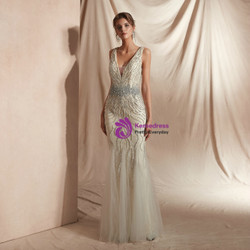 Shop 2019 Long & Short Champagne Mermaid Tulle V-neck Backless Prom Dress With Beading With Factory Price From Kemedress