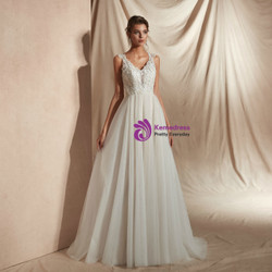 Shop 2019 Long & Short A-Line Tulle V-neck Appliques See Through Back Wedding Dress With Pearls With Factory Price From Kemedress