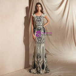 Shop 2019 Long & Short Champagne Mermaid And Black Sequins Scoop Cap Sleeve Prom Dress With Factory Price From Kemedress