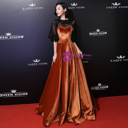 Shop 2019 Long & Short In Stock:Ship in 48 Hours Orange Velvet Lace Puff Sleeve Prom Dress With Factory Price From Kemedress