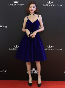 Shop 2019 Long & Short In Stock:Ship in 48 Hours A-line Blue Velvet Spaghetti Straps Homecoming Dress With Sash With Factory Price From Kemedress