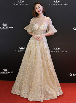 Shop 2019 Long & Short In Stock:Ship in 48 Hours Gold Tulle Sequins Puff Sleeve Prom Dress With Factory Price From Kemedress