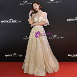 Shop 2019 Long & Short In Stock:Ship in 48 Hours Gold Tulle Sequins Puff Sleeve Prom Dress With Factory Price From Kemedress