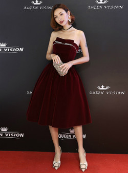 Shop 2019 Long & Short In Stock:Ship in 48 Hours Burgundy Velvet Strapless Homeoming Dress With Factory Price From Kemedress