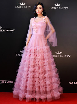 Shop 2019 Long & Short In Stock:Ship in 48 Hours Pink Tulle V-neck Backless Prom Dress With Factory Price From Kemedress