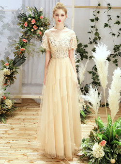 Shop 2019 Long & Short In Stock:Ship in 48 Hours Champagne Tulle Sequins V-neck Short Sleeve Bridesmaid Dress With Factory Price From Kemedress