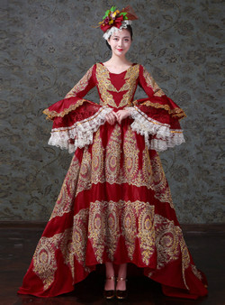 Shop 2019 Long & Short A-Line Hi Lo Satin Lace Appliques Puff Sleeve Drama Show Vintage Gown Dress With Factory Price From Kemedress