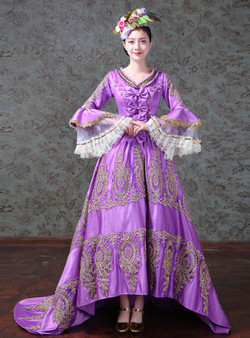 Shop 2019 Long & Short A-Line Hi Lo Purple Satin Lace Appliques Puff Sleeve Drama Show Vintage Gown Dress With Factory Price From Kemedress