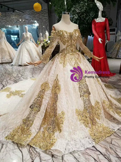 Shop 2019 Long & Short Light Champagne Tulle Sequins Appliques Off The Shoulder Long Sleeve Wedding Dress With Factory Price From Kemedress