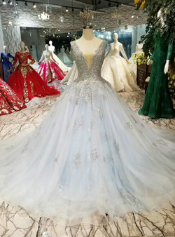 Shop 2019 Long & Short Blue Ball Gown Tulle Sequins Deep V-neck Backless Wedding Dress With Factory Price From Kemedress