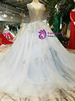 Shop 2019 Long & Short Blue Ball Gown Tulle Sequins Deep V-neck Backless Wedding Dress With Factory Price From Kemedress