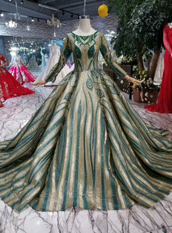 Shop 2019 Long & Short Bal Gown Green And Gold Sequins Bateau Long Sleeve Wedding Dress  With Factory Price From Kemedress