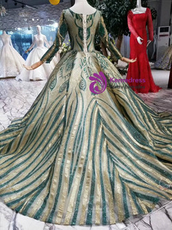 Shop 2019 Long & Short Bal Gown Green And Gold Sequins Bateau Long Sleeve Wedding Dress  With Factory Price From Kemedress