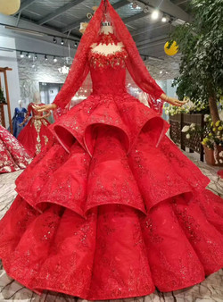Shop 2019 Long & Short Red Ball Gown Lace Appliques High Neck Long Sleeve Wedding Dress With Factory Price From Kemedress