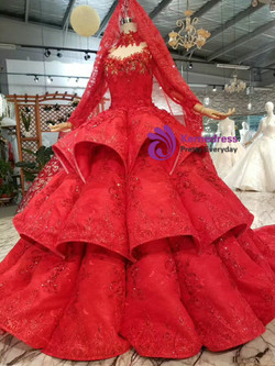 Shop 2019 Long & Short Red Ball Gown Lace Appliques High Neck Long Sleeve Wedding Dress With Factory Price From Kemedress