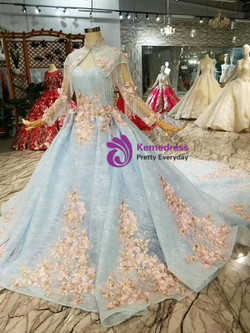 Shop 2019 Long & Short Blue Ball Gown Lace Sweetheart Neck Appliques Wedding Dress Shawl With Factory Price From Kemedress