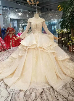 Shop 2019 Long & Short Champagne Tulle Sequins Bateau Long Sleeve Wedding Dress With Beading With Factory Price From Kemedress