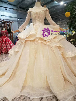 Shop 2019 Long & Short Champagne Tulle Sequins Bateau Long Sleeve Wedding Dress With Beading With Factory Price From Kemedress