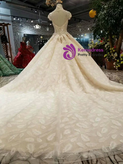 Shop 2019 Long & Short Champagne Ball Gown Tulle Lace High Neck Caps Sleeve Wedding Dress With Factory Price From Kemedress