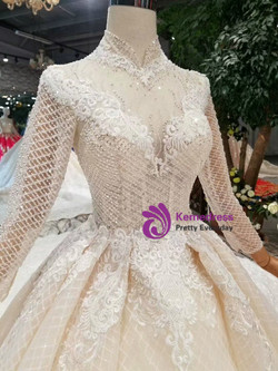 Shop 2019 Long & Short Champagne Ball Gown Tulle Lace Appliques High Neck Long Sleeve Wedding Dress With Factory Price From Kemedress