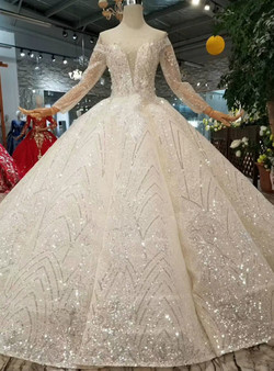 Shop 2019 Long & Short Champagne Ball Gown Tulle Sequins Long Sleeve Wedding Dress With Beading With Factory Price From Kemedress