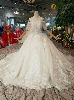 Shop 2019 Long & Short Light Champagne Ball Gown Tulle Sequins Appliques Off The Shoulder Short Sleeve Wedding Dress With Factory Price From Kemedress