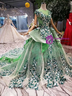 Shop 2019 Long & Short Green Ball Gown Sequins Embroidery Cap Sleeve Backless Wedding Dress With Factory Price From Kemedress