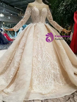 Shop 2019 Long & Short Champagne Ball Gown Tulle Lace Appliques bateau Long Sleeve Wedding Dress With Factory Price From Kemedress