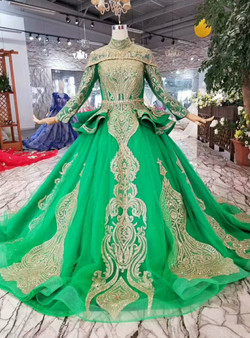 Shop 2019 Long & Short Green Ball Gown Tulle Gold Sequins High Neck Long Sleeve Wedding Dress With Factory Price From Kemedress