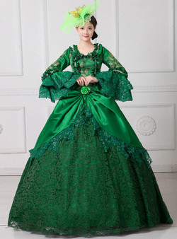 Shop 2019 Long & Short Green Ball Gown Satin Lace Scoop Puff Sleeve Drama Show Vintage Gown Dress With Factory Price From Kemedress