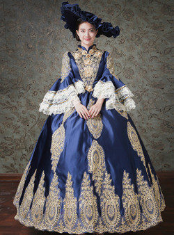 Shop 2019 Long & Short Blue Ball Gown Satin High Neck Puff Sleeve Drama Show Vintage Gown Dress With Factory Price From Kemedress