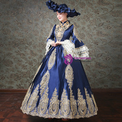 Shop 2019 Long & Short Blue Ball Gown Satin High Neck Puff Sleeve Drama Show Vintage Gown Dress With Factory Price From Kemedress