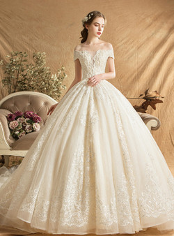 Shop 2019 Long & Short Champagne Ball Gown Tulle Lace Appliques Off The Shoulder Wedding Dress With Train With Factory Price From Kemedress