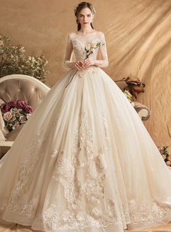 Shop 2019 Long & Short Champagne Ball Gown Tulle Appliques Long Sleeve Backless Wedding Dress With Train With Factory Price From Kemedress