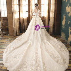 Shop 2019 Long & Short Light Champagne Ball Gown Tulle Appliques Deep V-neck Long Sleeve Wedding Dress With Factory Price From Kemedress