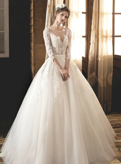 Shop 2019 Long & Short Light Champagne Tulle Lace Appliques Half Sleeve Backless Wedding Dress With Factory Price From Kemedress